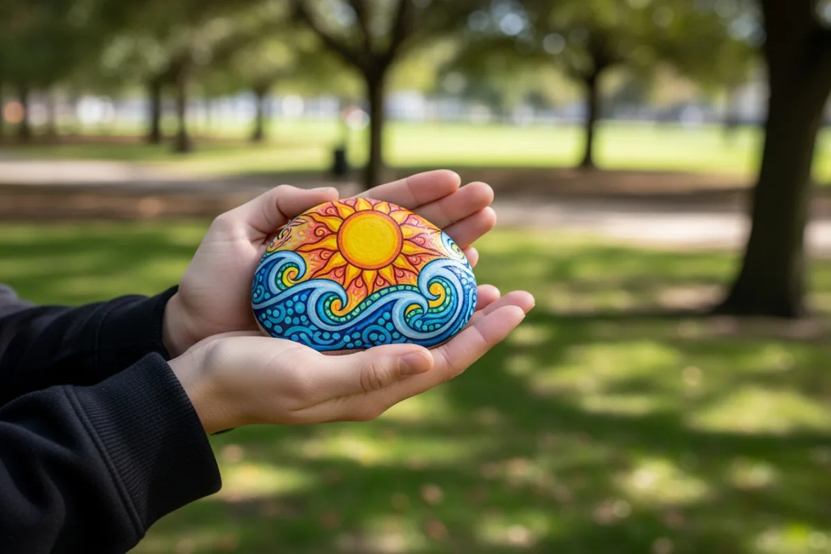 Person holding painted rock in front of blurred park background for outdoor discovery photo