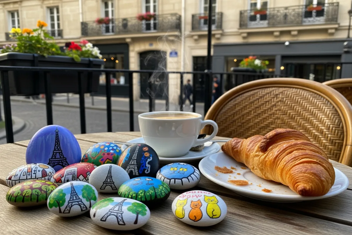 Painted pebbles on a French café terrace near coffee cup and croissant, Parisian morning