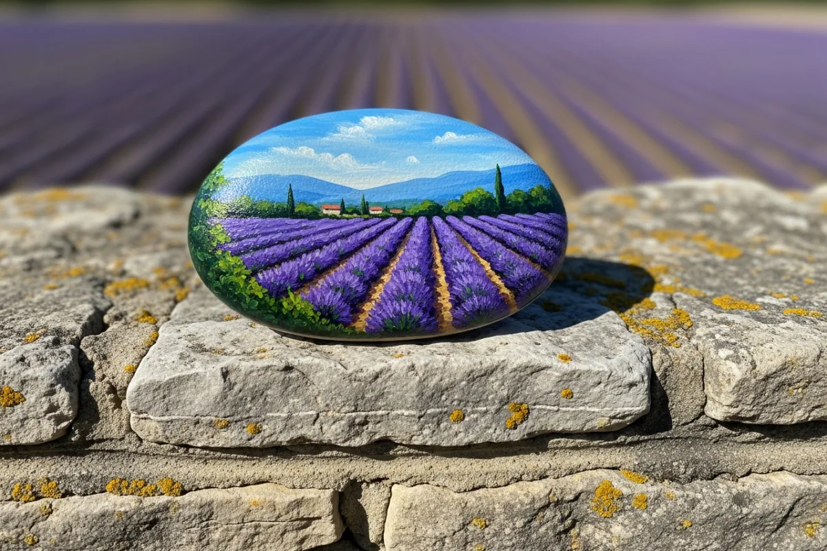 Painted stone with a lavender field design in purple and green on a Provençal stone wall