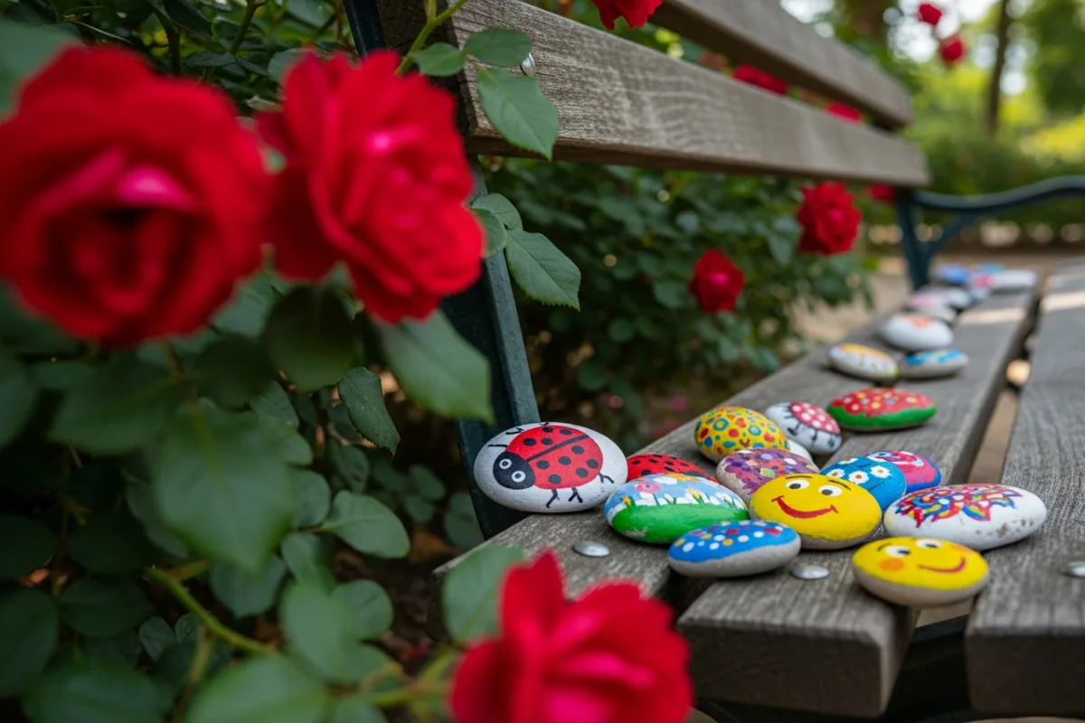 Painted galets hidden under roses and park benches in French parks