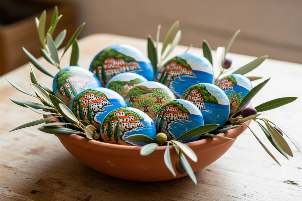 Italian painted sassi in a terracotta bowl with olive branches, Mediterranean craft