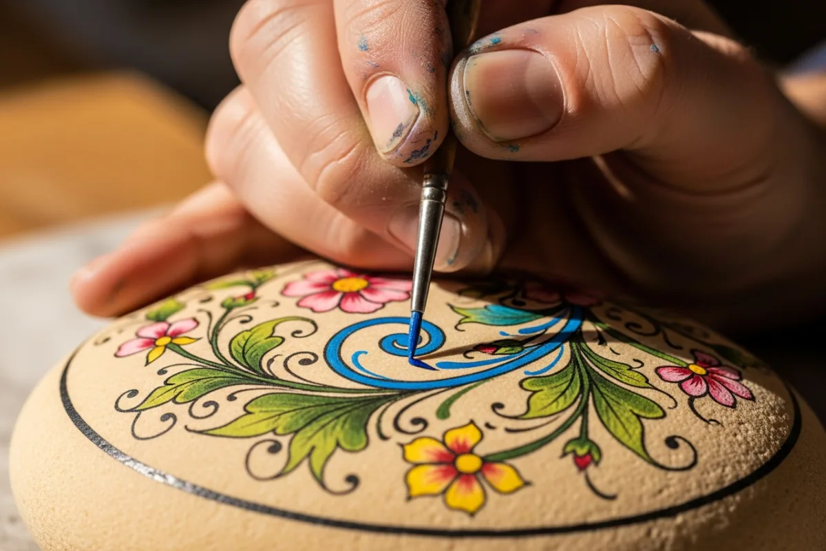 Italian artisan hand painting intricate floral patterns on a smooth stone