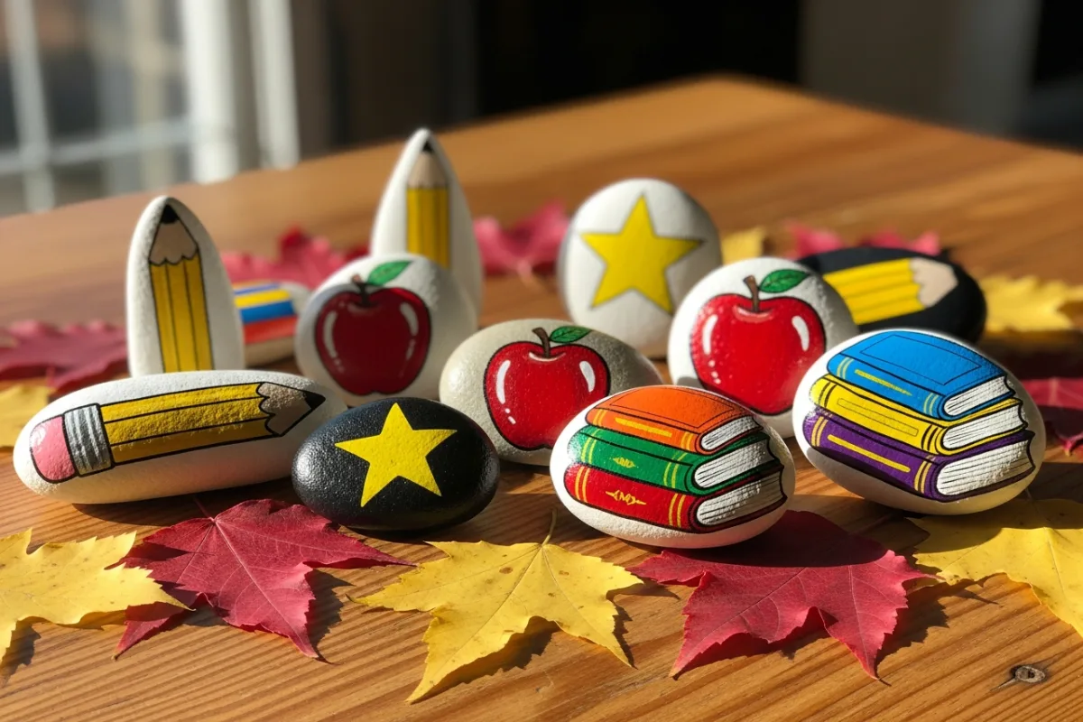 School-themed painted rocks: pencils, apples, books and stars on an autumn table