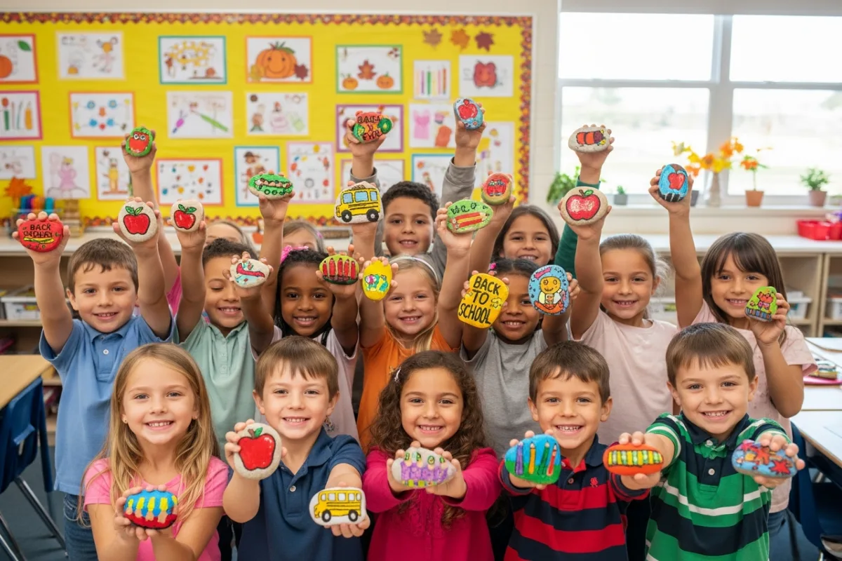 Classroom children each holding their individually painted back-to-school rock with pride