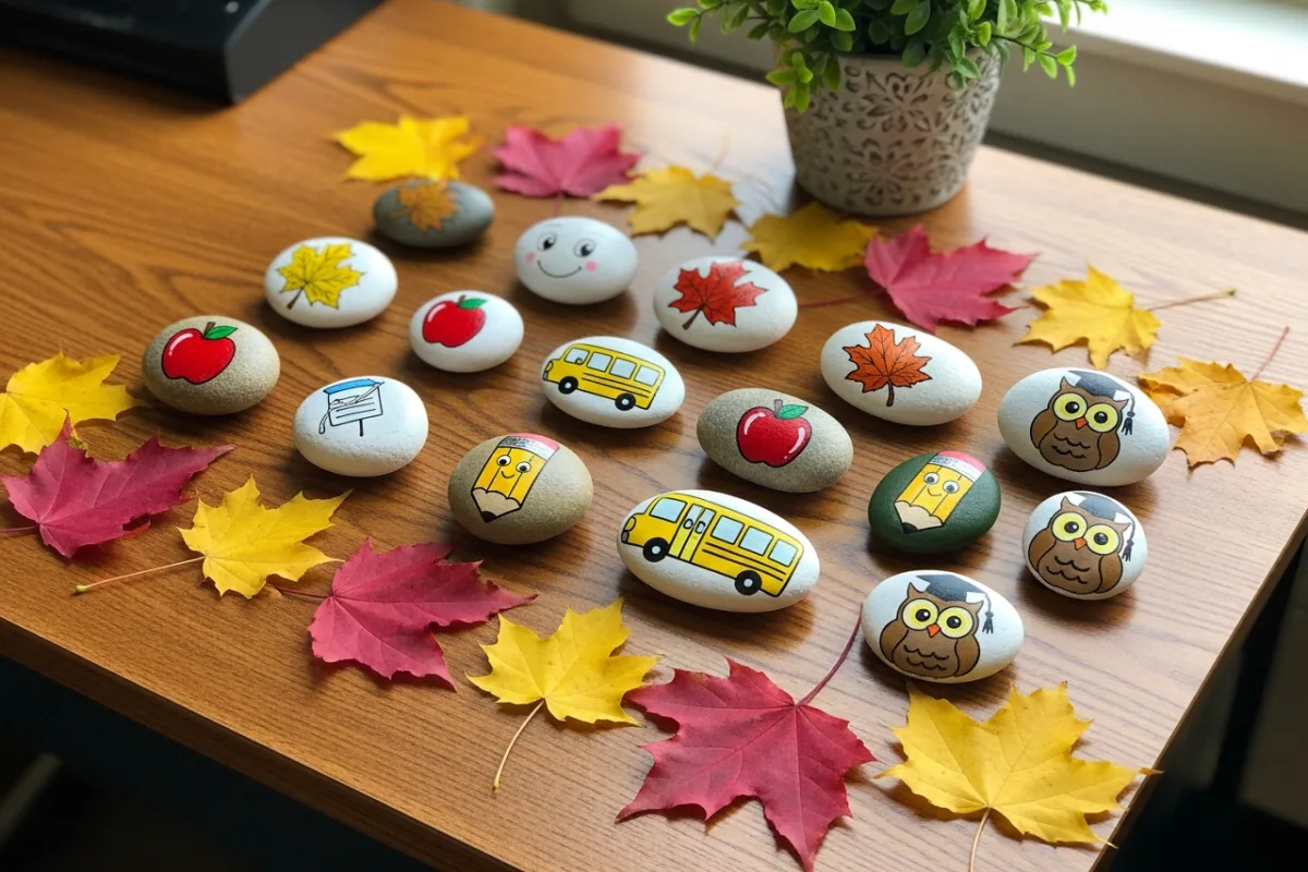 Autumn and school-themed rocks on a teacher's desk with seasonal leaves