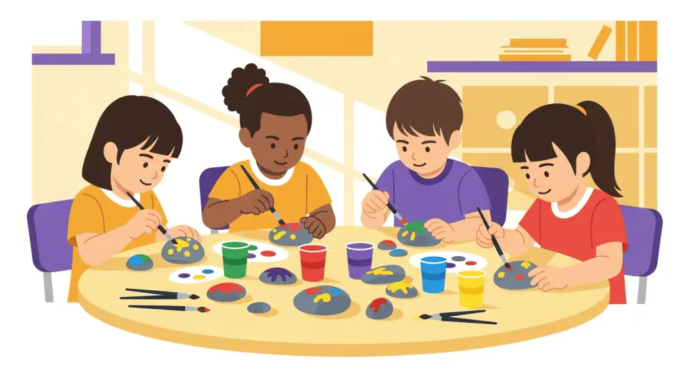 Children gathered around a classroom table painting colorful rocks together