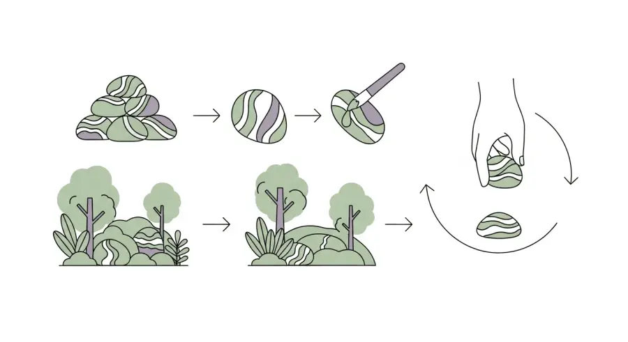 Circular eco-friendly lifecycle diagram of rocks being collected, painted, hidden, and found
