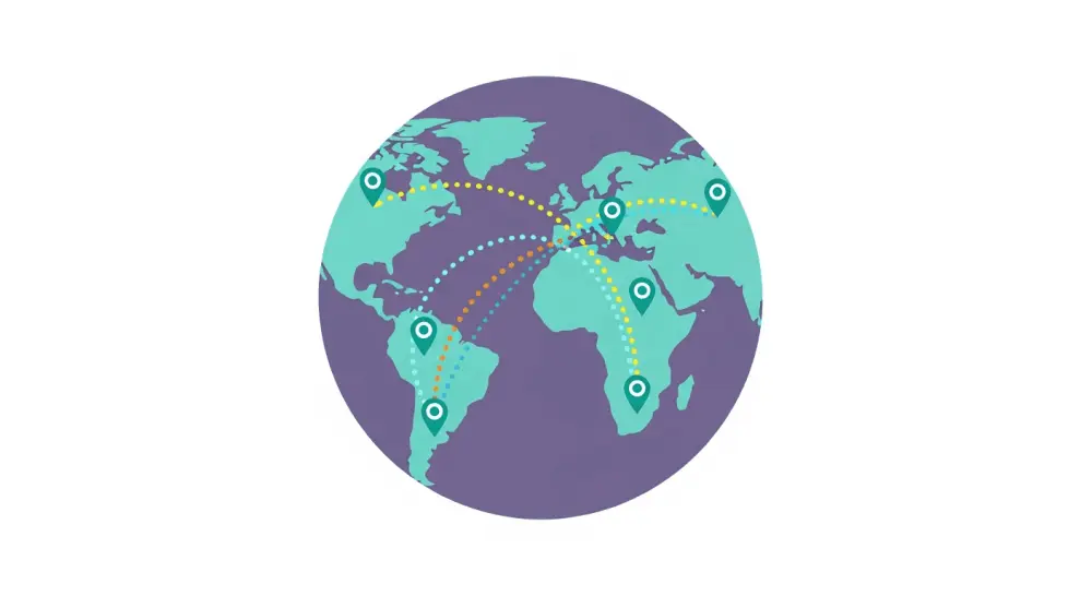 Globe with colorful journey lines and pin markers tracking painted rocks across continents