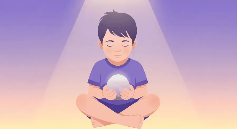 Child sitting peacefully holding a smooth stone for mindfulness practice