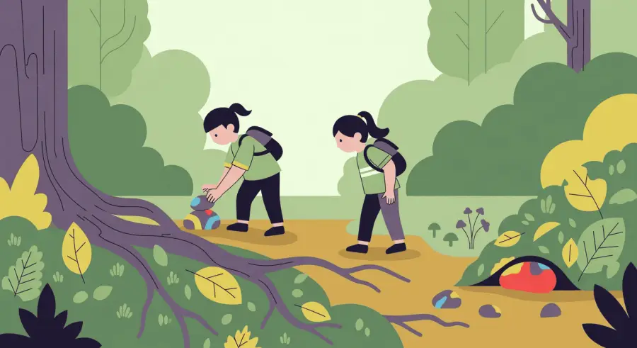 Children walking on a nature trail placing and finding painted rocks among leaves