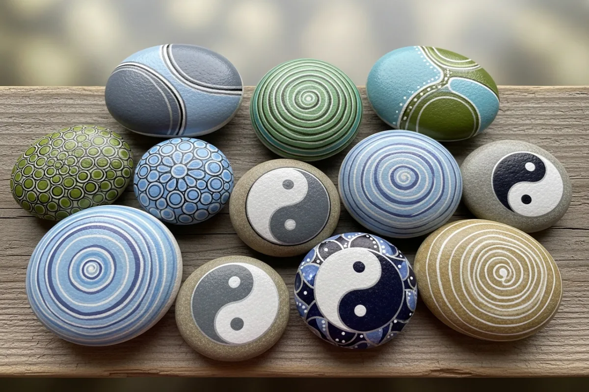 Kolekcja kamieni mindfulness — abstrakcyjne wzory, kręgi zen, symbole yin-yang