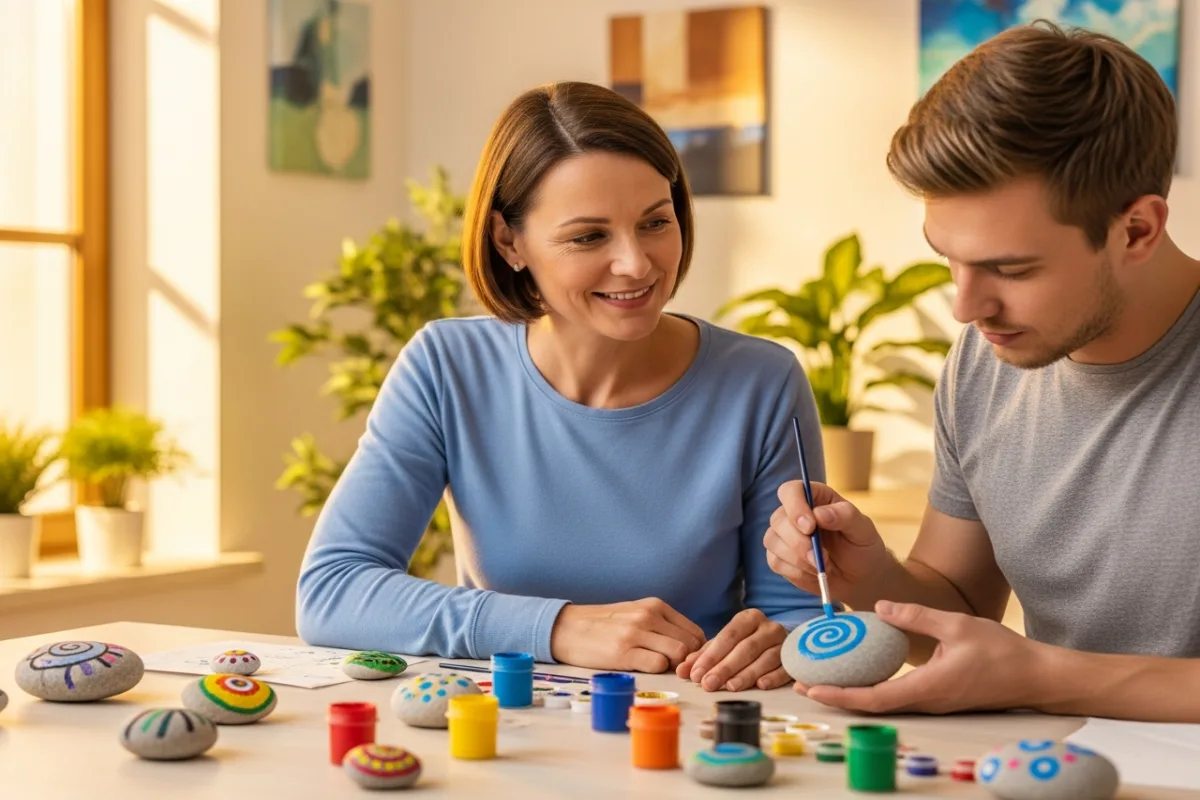 A therapist and patient sitting together painting rocks in a bright therapeutic environment