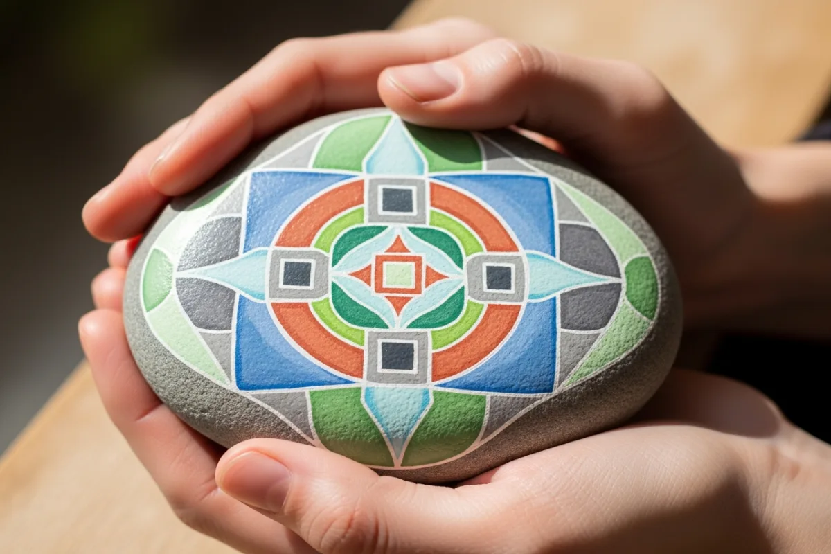 Person's relaxed hands resting on a painted rock with a calming geometric design