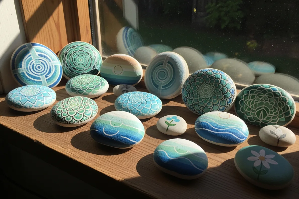 Calm therapeutic painted rocks displayed on a windowsill with sunlight