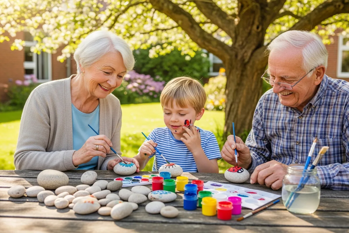 Elderly people with grandchild painting rocks at a sunlit table in a care home garden
