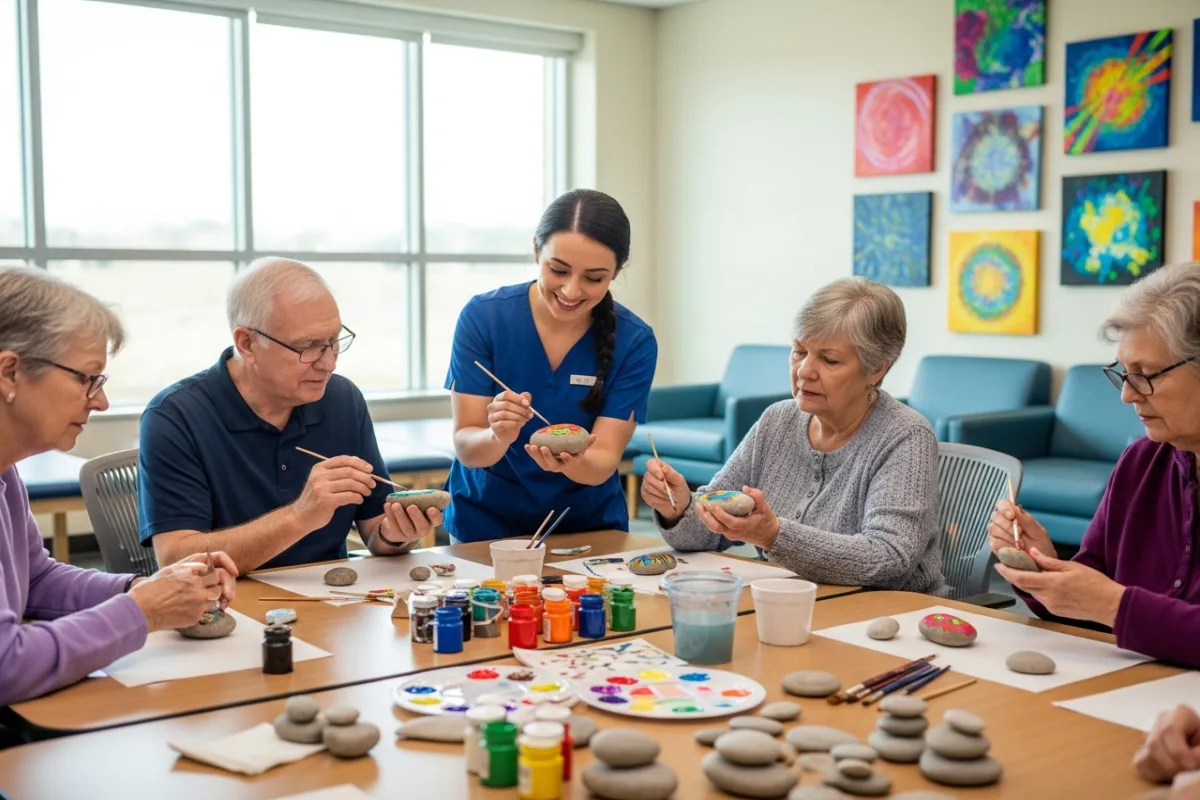 Occupational therapist leading older adults in rock painting in a therapy room