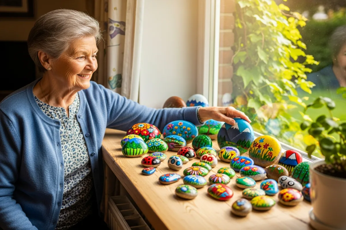 Senior woman displaying her finished painted rock collection on a windowsill