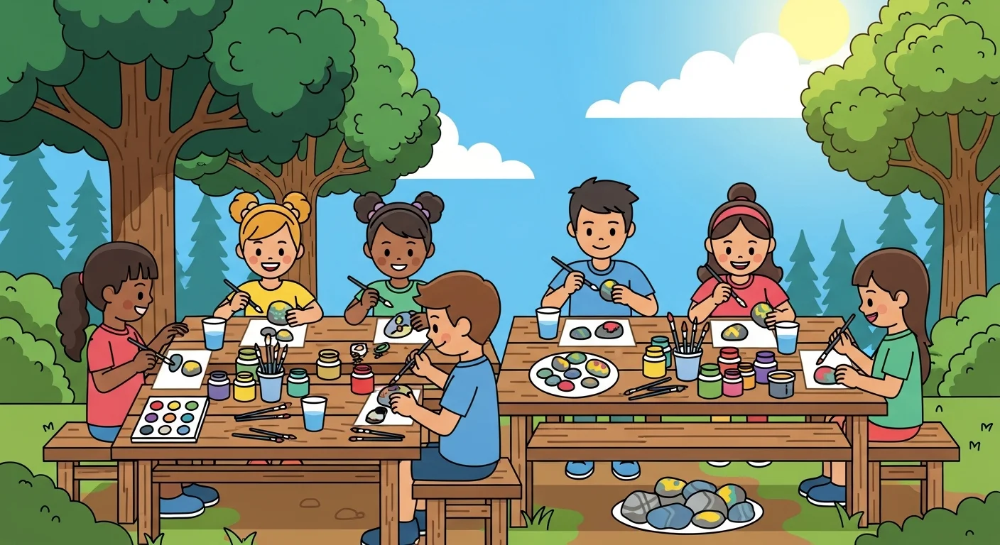 Radosna ilustracja grupy dzieci przy stołach kolonijnych malujących kamienie pod jasnym letnim niebem z drzewami w tle