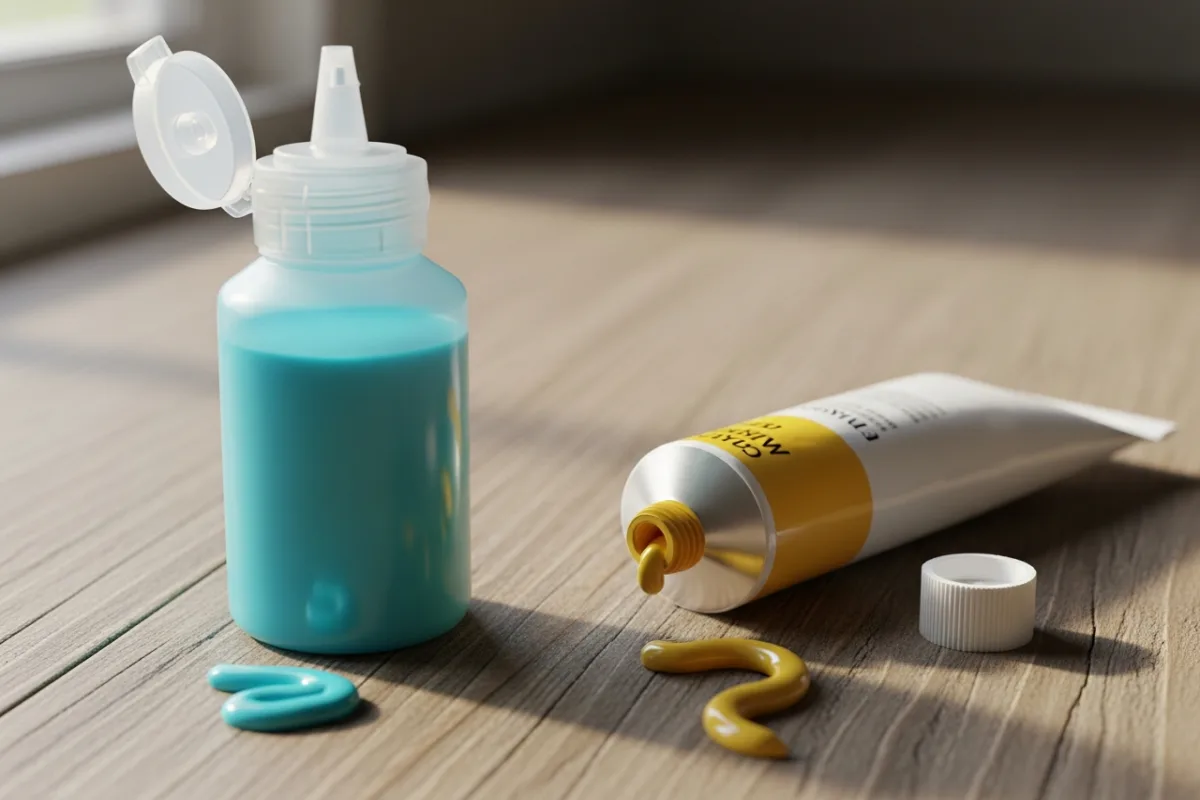 Two acrylic paint options on wooden surface: craft bottle vs artist tube