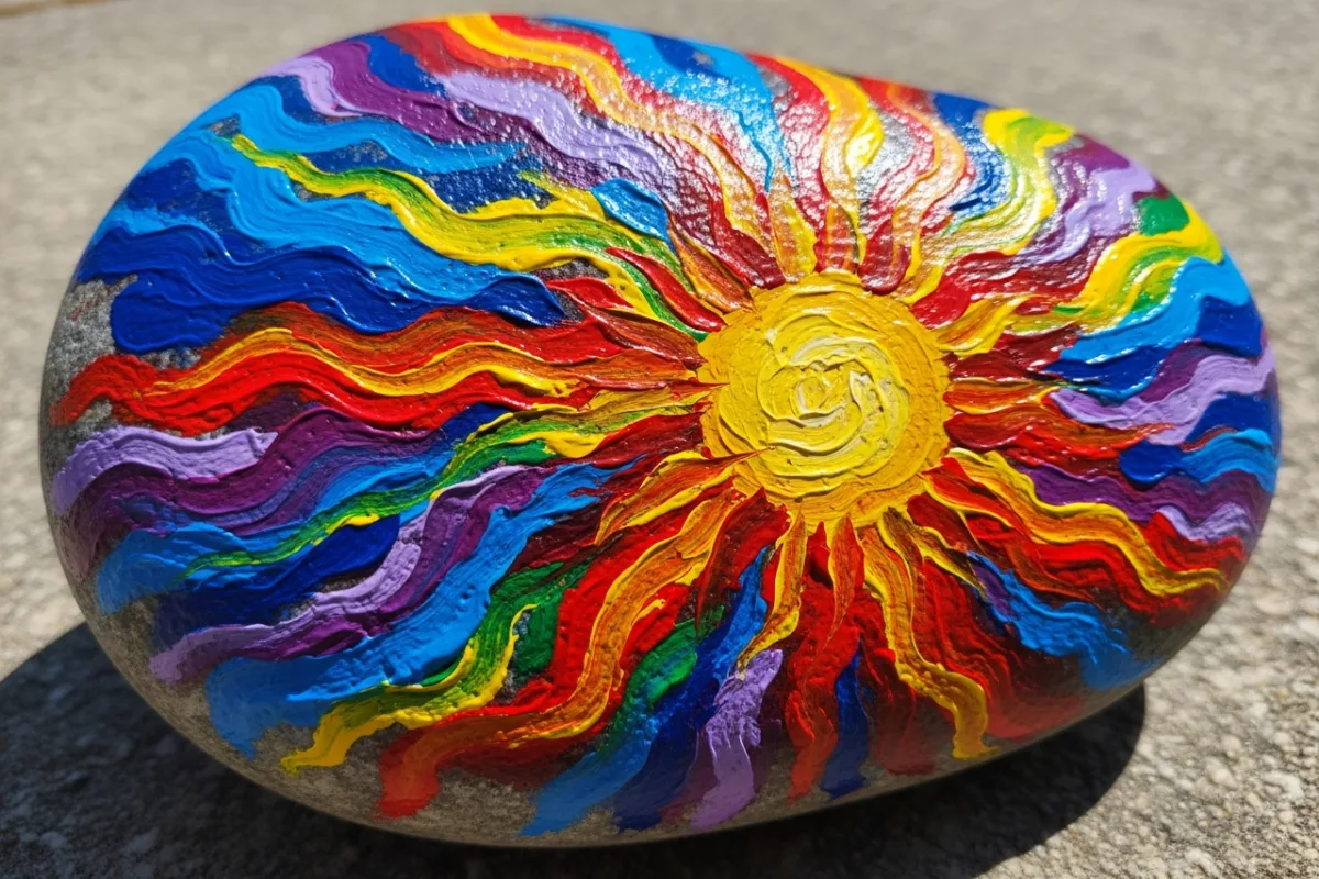 Vibrant painted rock showing intense colour saturation under outdoor daylight