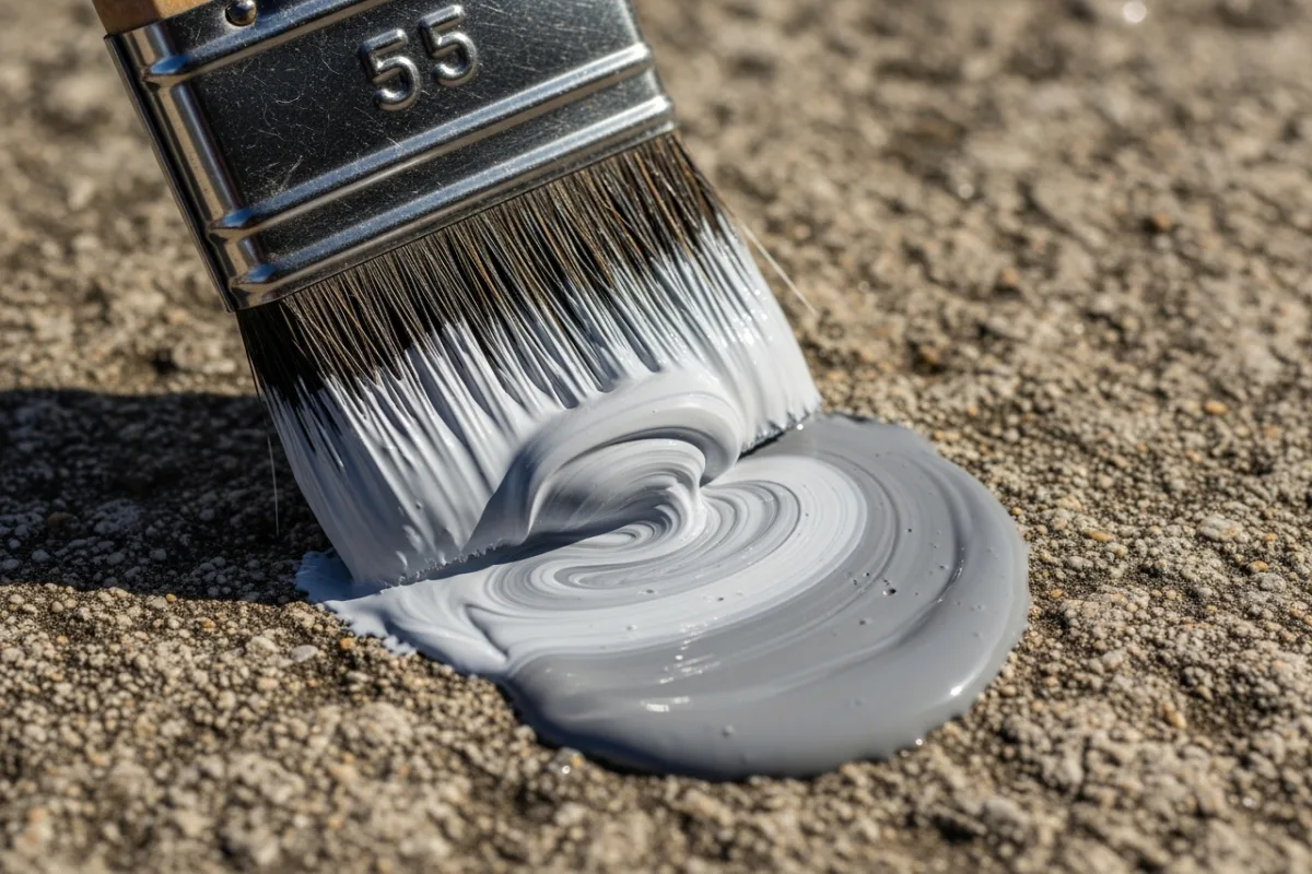 Close-up of flat brush testing paint consistency on a stone surface