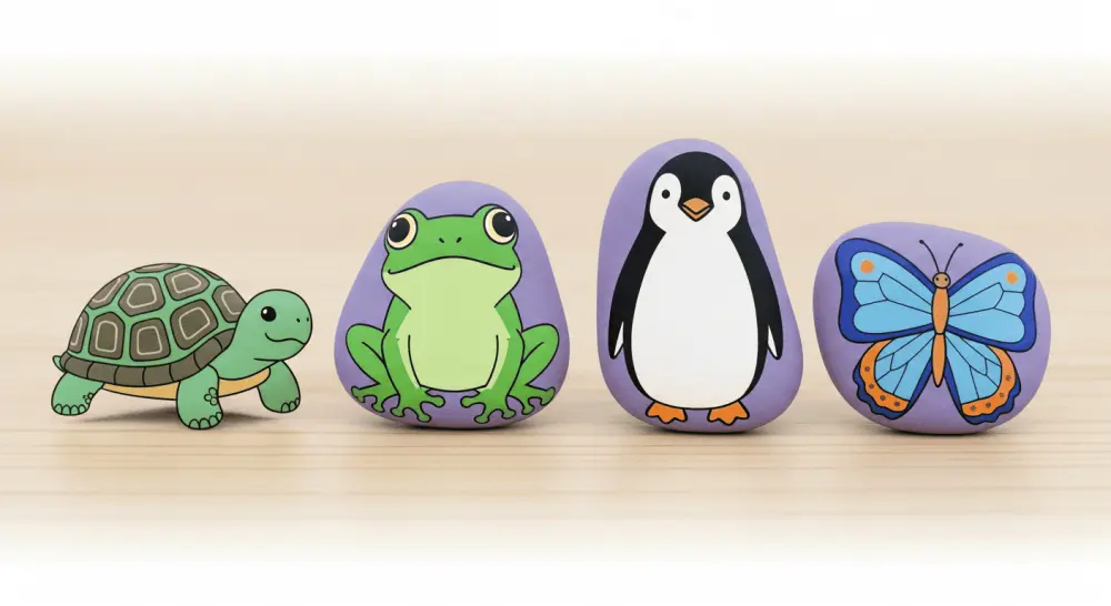 Collection of finished animal painted rocks including turtle, frog, penguin and butterfly