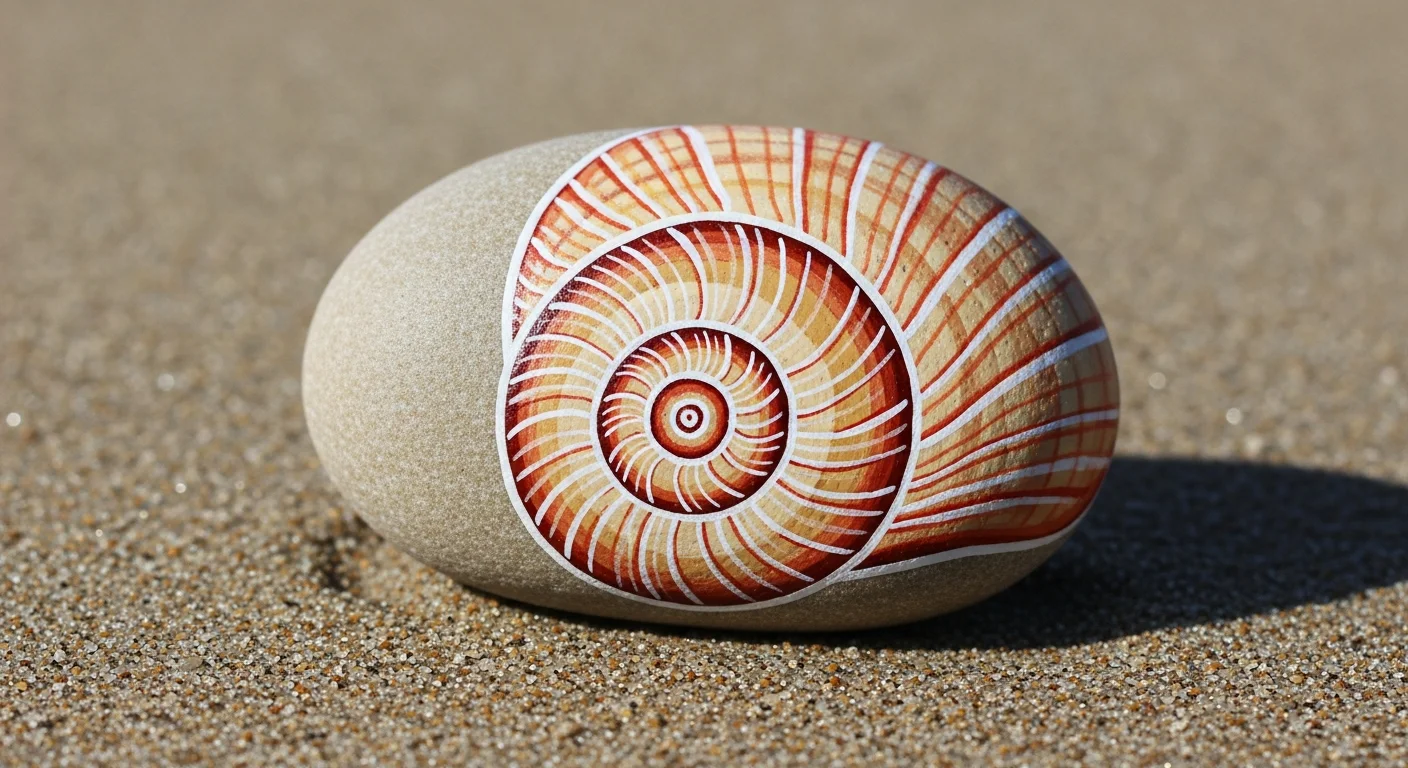 Gładki owalny kamień plażowy ręcznie malowany wirującą spiralą muszli w piaskowych beżach i koralowych tonach