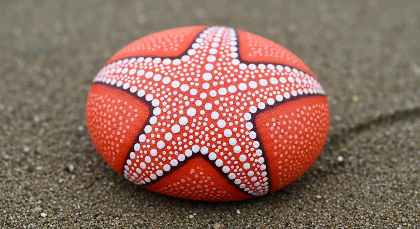 Okrągły kamień plażowy pomalowany jako koralowo-pomarańczowa rozgwiazda z pięcioma ramionami pokrytymi drobnymi białymi kropkami