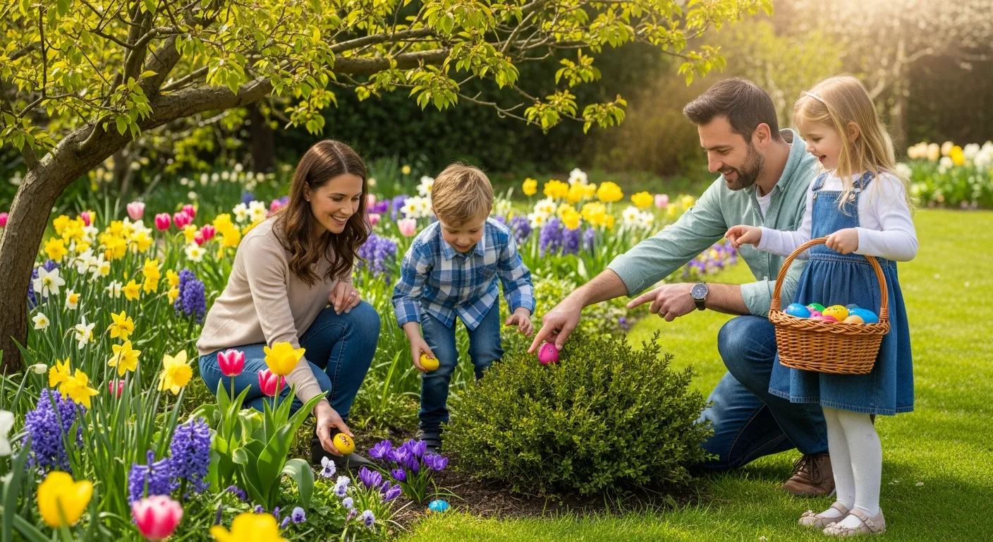 A family setting out Easter egg hunt rocks in a garden with spring flowers and sunshine