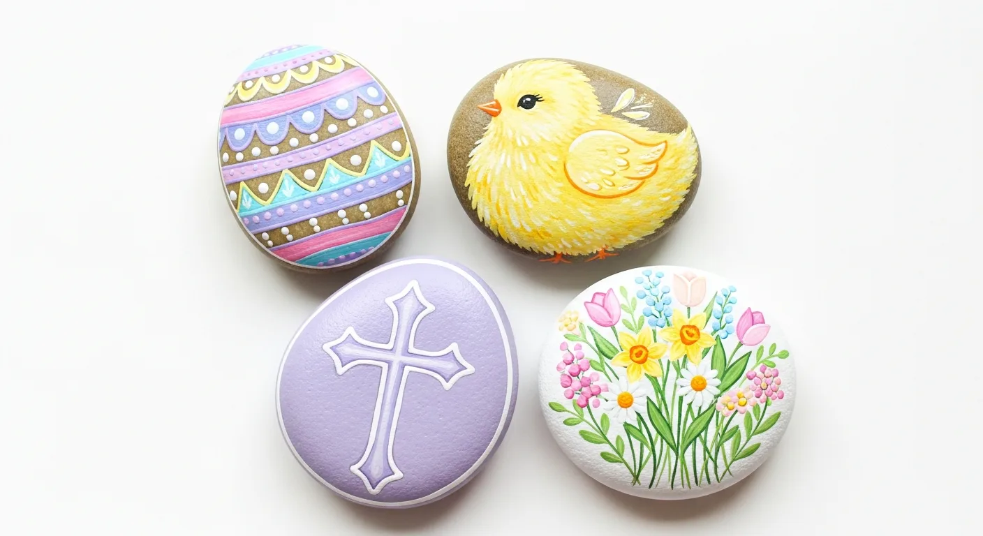 A set of Easter rocks: decorated egg design, a chick, a cross, and spring flowers in pastel colours