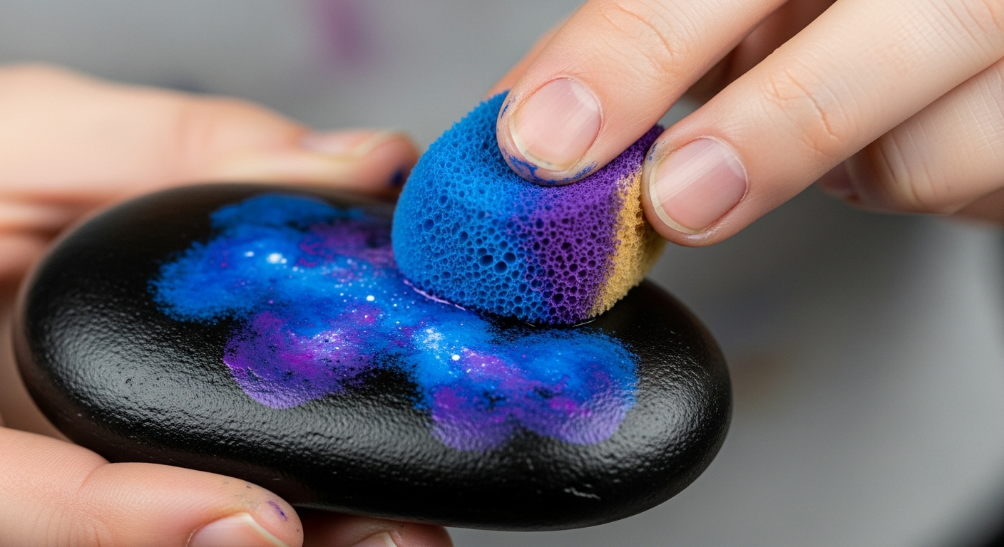 Steg ett i galaxmålning på sten: en svartbaserad sten med svampade lila och blå nebulosafärger applicerade