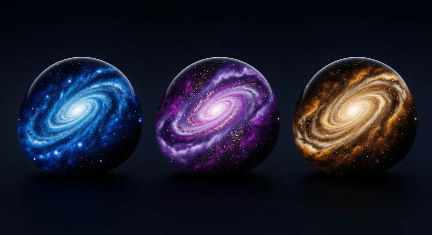 Tre färdiga galaxstenar sida vid sida som visar variationer i blå, lila och guldnebulosor på en mörk bakgrund