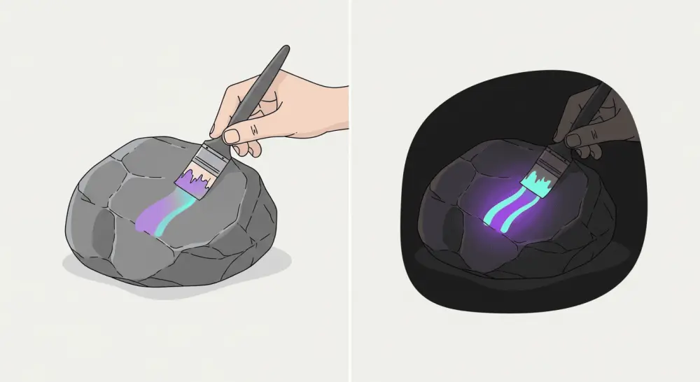 Applying glow-in-the-dark paint to rock surface showing daytime and nighttime effect