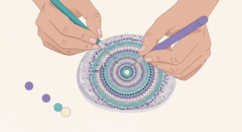 Hands using dotting tools to create concentric mandala patterns on stone