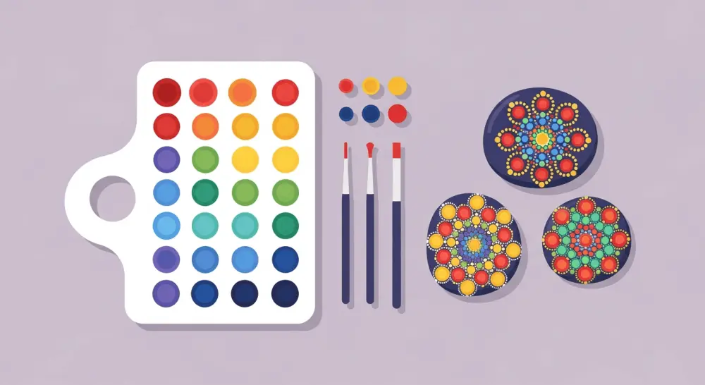 Mandala rock painting tools and color palette arranged on workspace