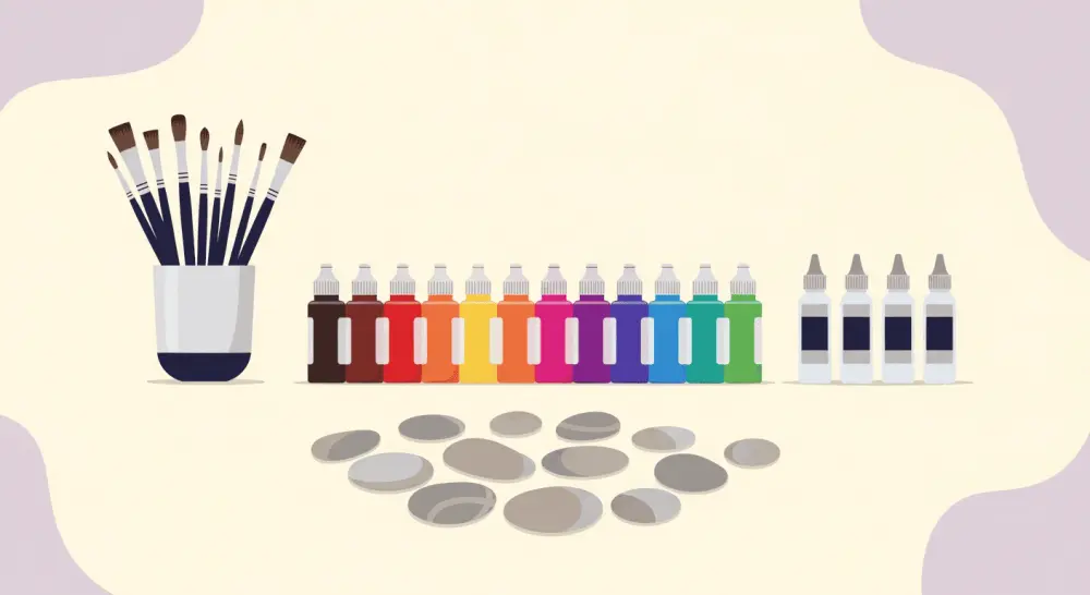 Organized rock painting starter kit with paints, brushes, and sealant