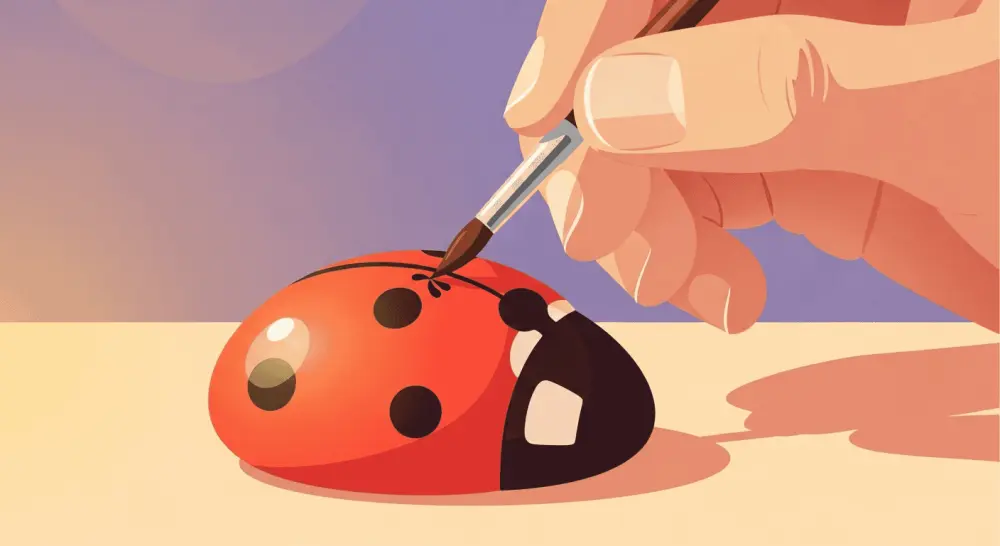 Hand painting detailed spots on a ladybug rock