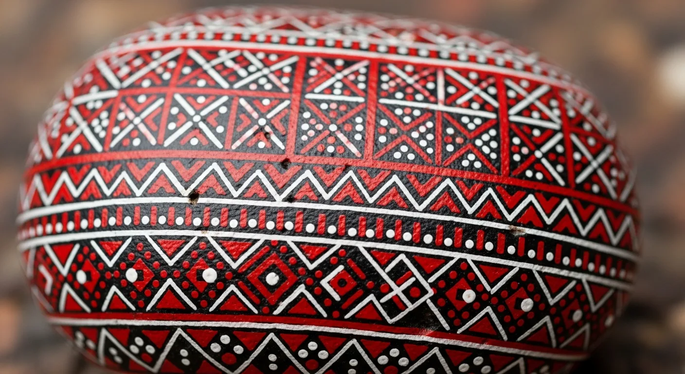 Close-up of a rock with detailed Polish pisanki-style geometric pattern in red and black