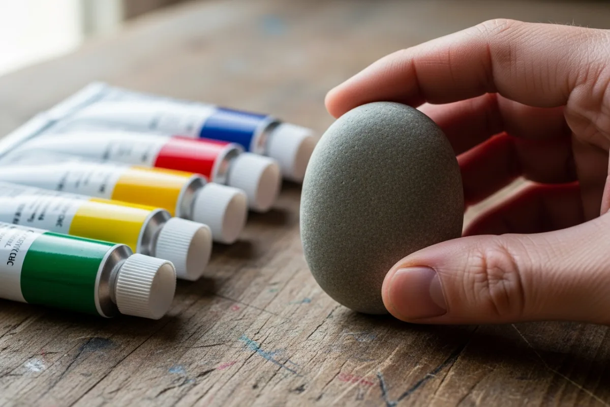 Hand holding a smooth oval river stone beside acrylic paint tubes on a wooden surface