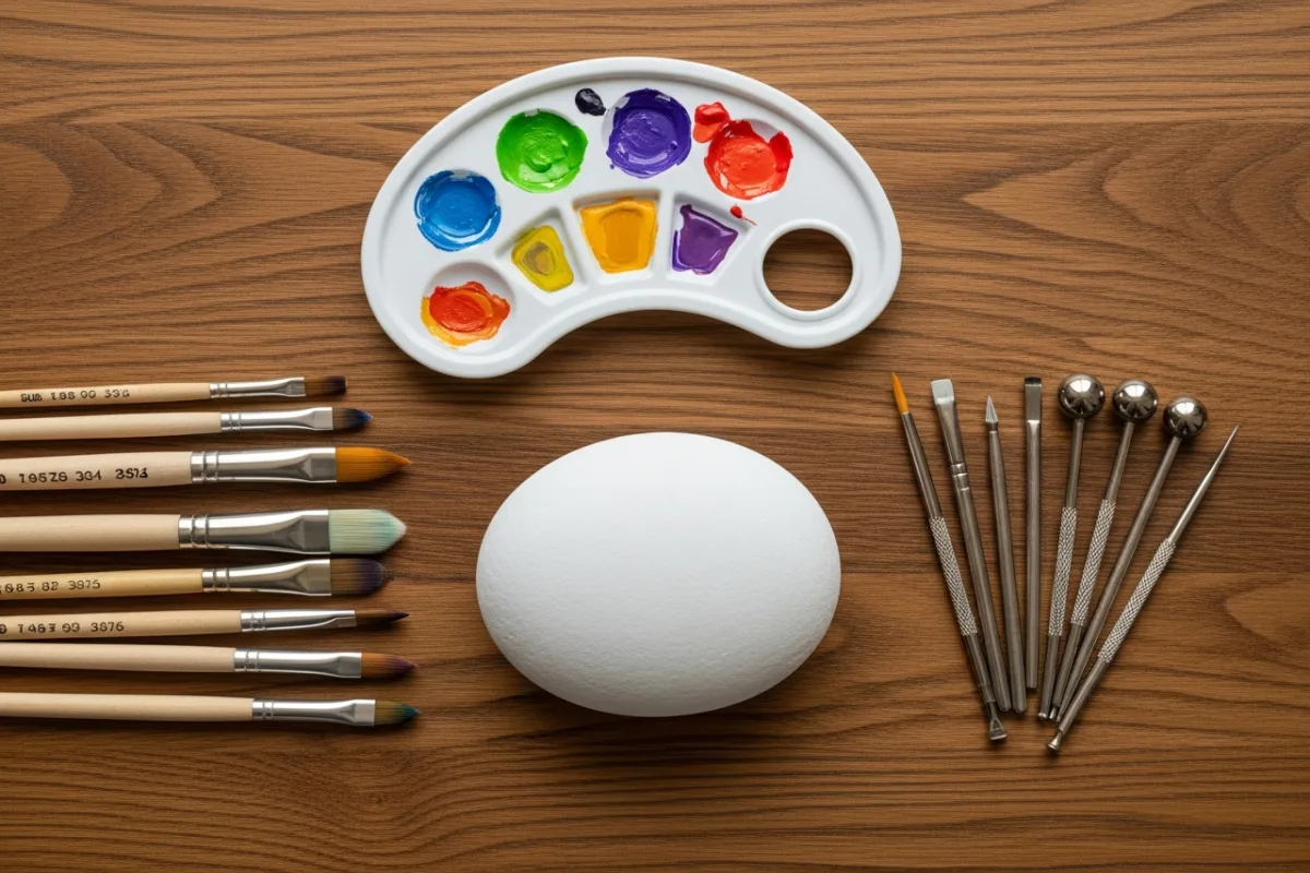 Flat lay showing a clean white-primed rock beside brushes, a palette and dotting tools