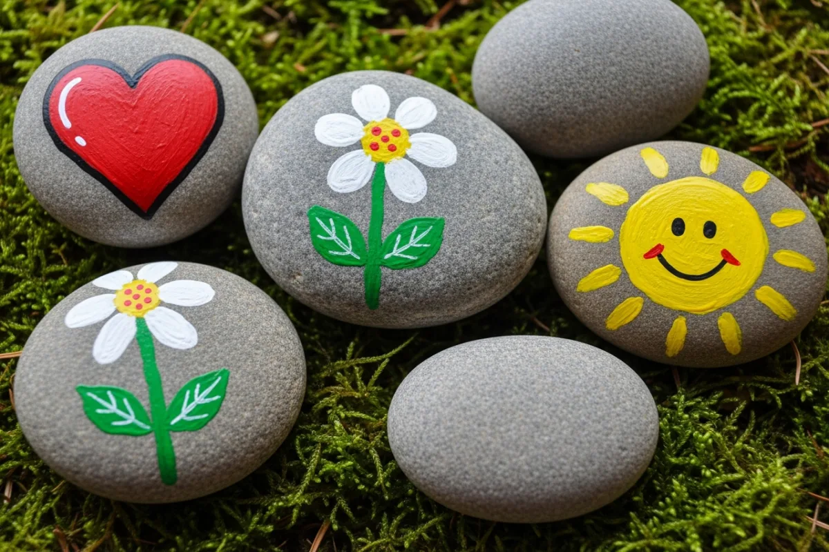 Finished beginner painted rocks with a heart, flower and smiley sun on green moss