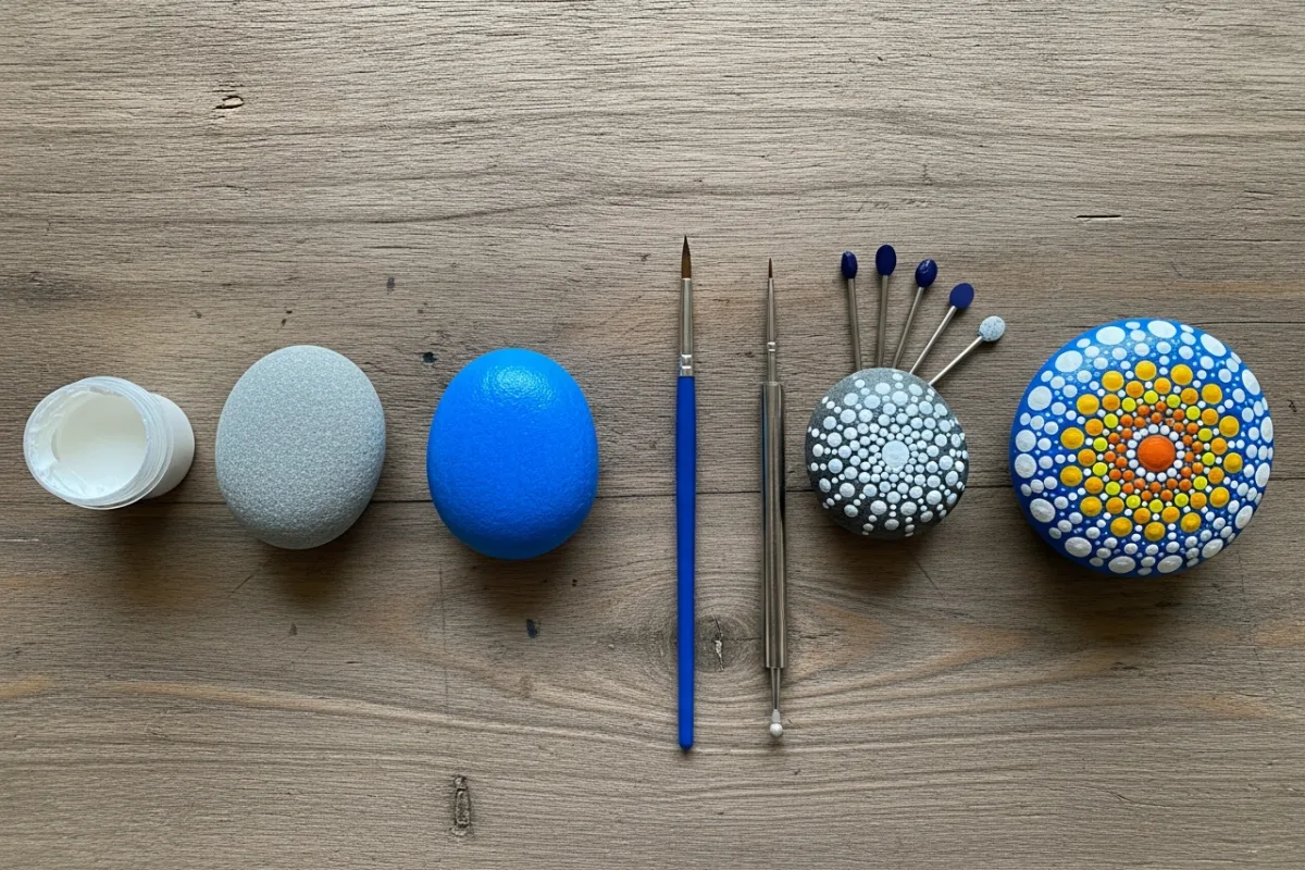 Flat lay of rock painting supplies: primer, base, thin brush, dotting tool, finished mandala
