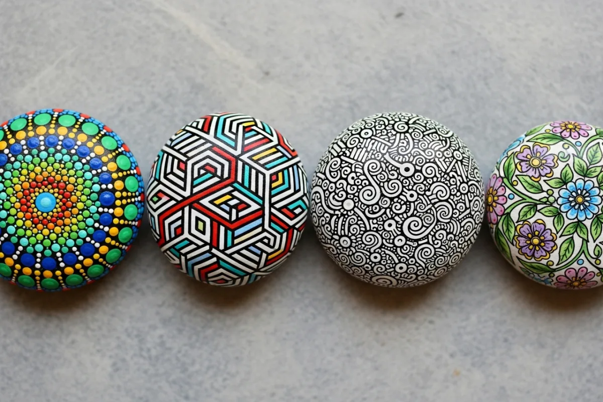 Comparison of four pattern styles: mandala, geometric, zentangle, floral side by side