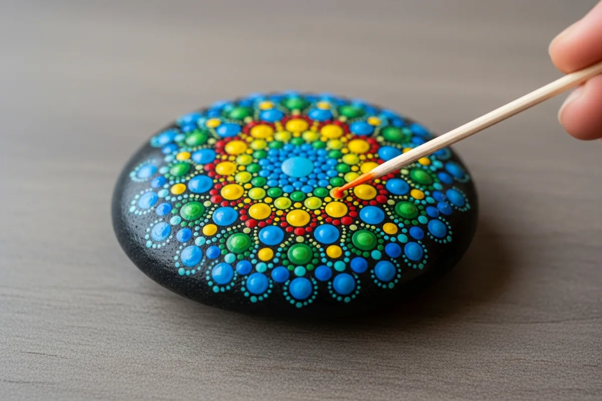 Concentric rings of coloured dots applied to a dark stone with a toothpick, mandala dotting
