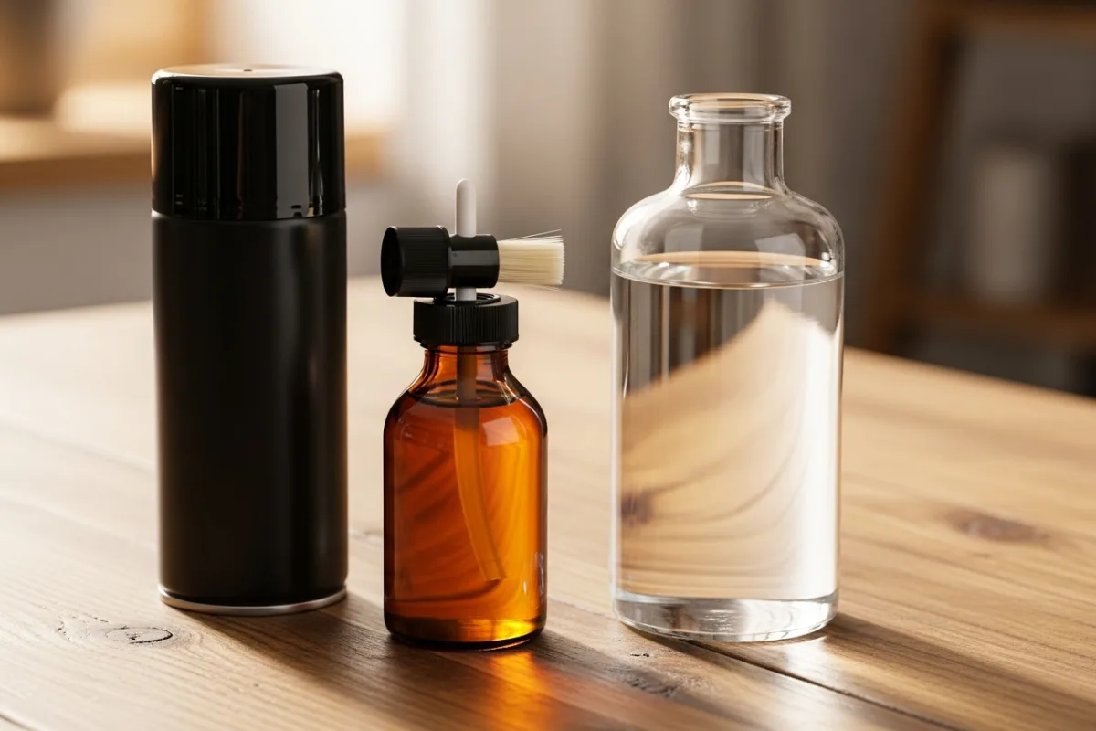 Assorted rock sealer products on wooden table — spray can, brush-on bottle, and clear liquid