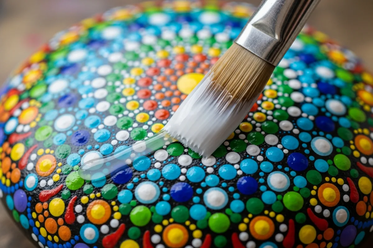 Close-up of paintbrush applying glossy varnish to a colourful mandala painted rock