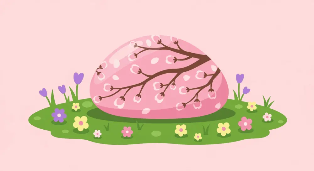 Cherry blossom spring painted rock on fresh green moss