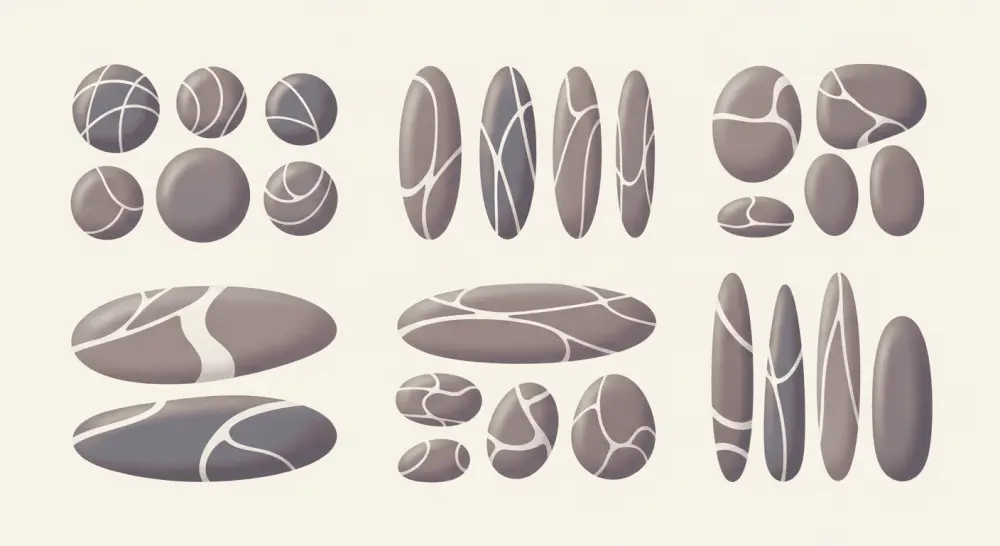 Different types of smooth river stones arranged by shape for rock painting