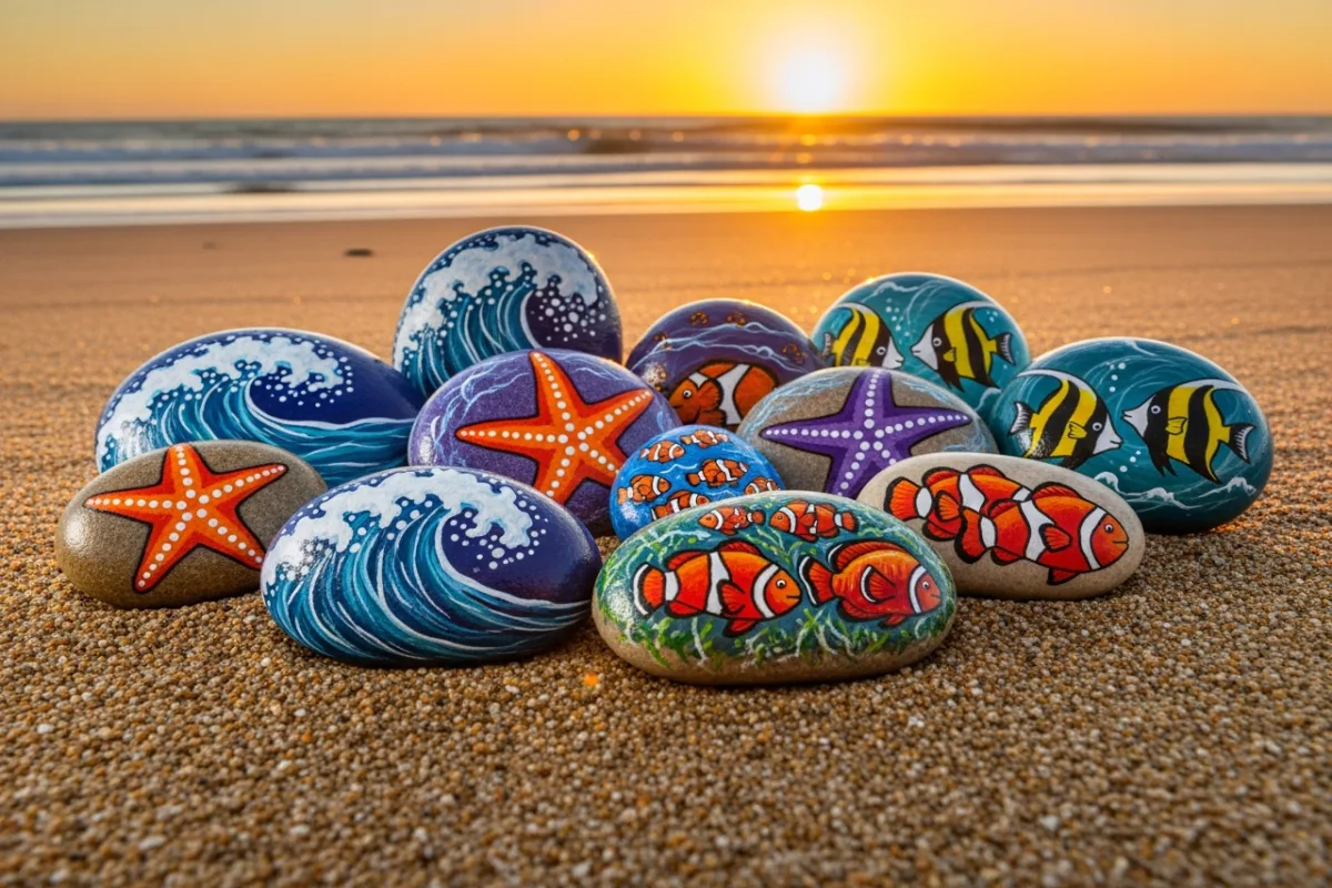 Ocean-themed painted rocks with waves, starfish, and tropical fish on fine sand at sunset