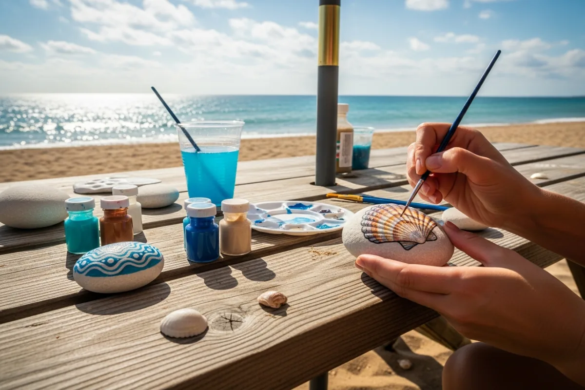 A person painting a detailed seashell design onto a smooth rock at a beach picnic table